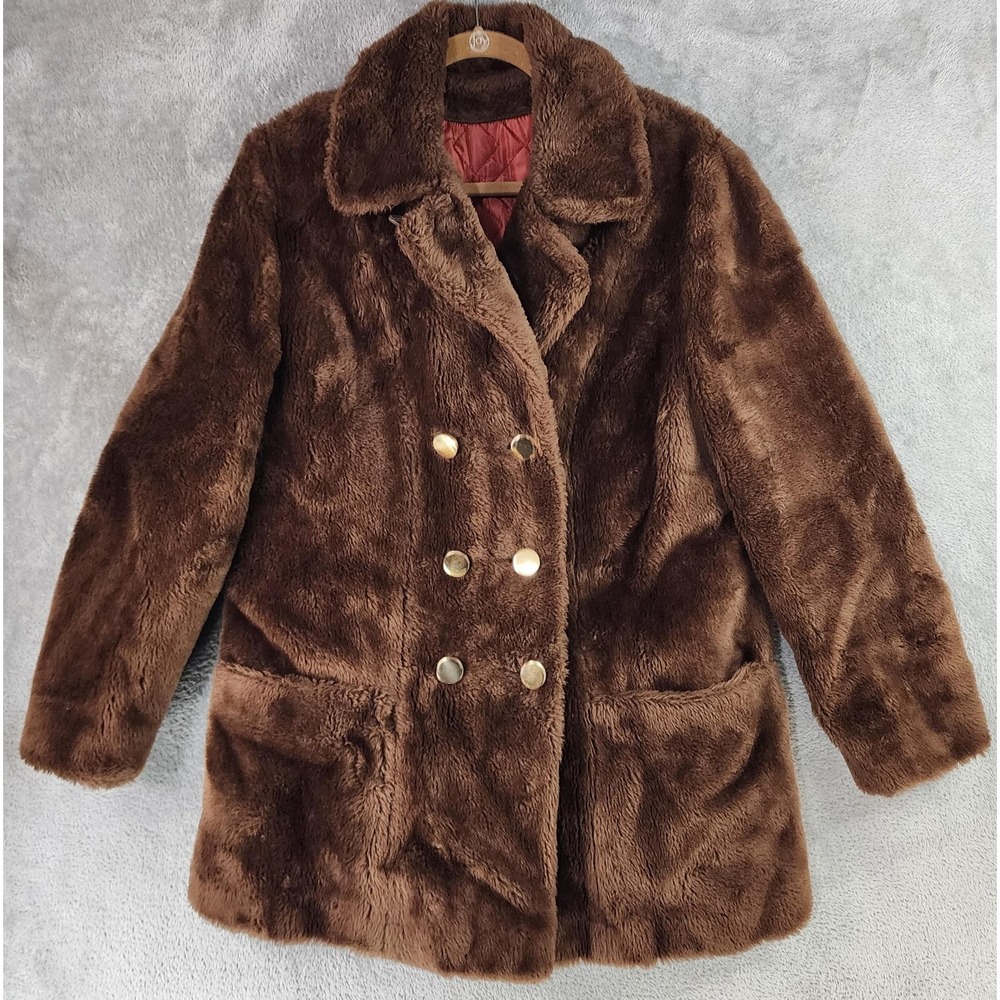 Sears Fashions Coat Womens M/L Brown Teddy Bear Faux Fur 70s Vintage Retro